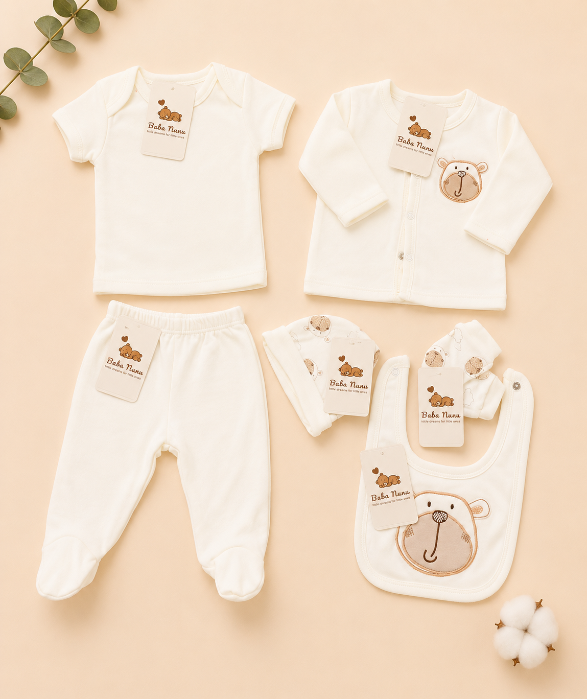 🤍 8-Piece Newborn Baby Unisex Cotton Set